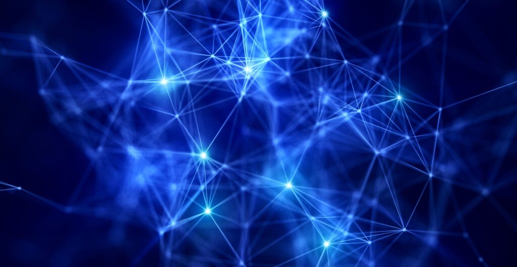 Abstraktes leuchtend blaues Netzwerk aus verbundenen Knotenpunkten und Linien - Insight zur Digitalisierung in der Krise