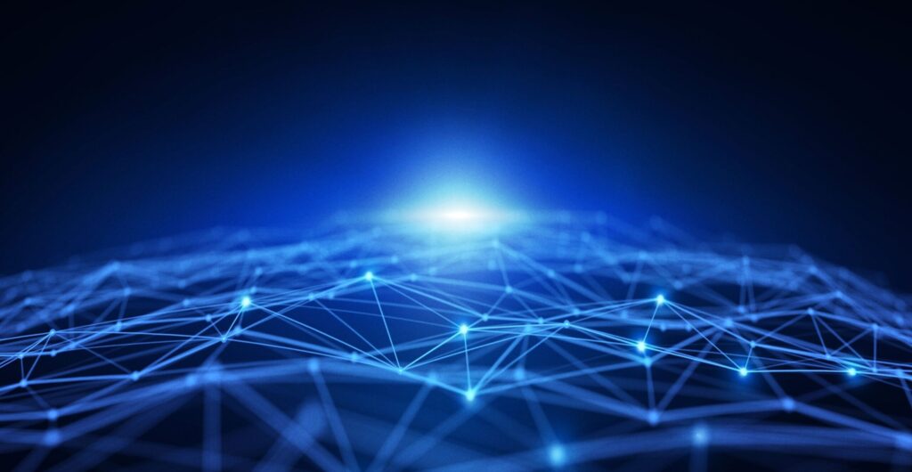Digitale 3D-Illustration eines leuchtenden blauen Netzwerk-Globus mit zentraler Lichtquelle - Insight zum Digital Marketing