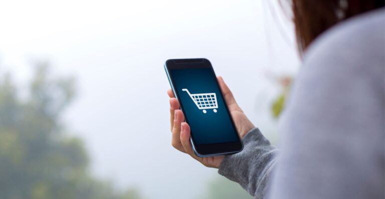 Person hält ein Smartphone mit leuchtendem Einkaufswagen-Symbol auf dem Display - Erfolgs-Projekt in der SHK-Branche