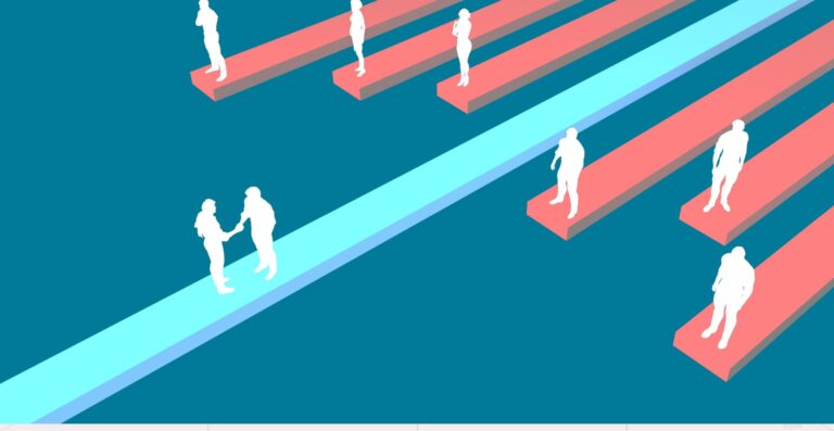 Illustration weißer Personen-Silhouetten auf roten Stegen, gekreuzt von einem hellblauen Weg - Erfolgs-Projekt in der Chemiebranche bei mpcg