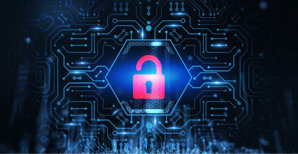 Leuchtendes pinkes offenes Vorhängeschloss-Symbol auf einer blauen digitalen Platine - Insight zu DSGVO-Entscheidungen für Geschäftsführer