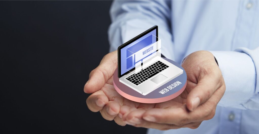 Zusammengelegte Hände halten ein kleines illustriertes Laptop-Symbol mit Aufschrift 'Website' - Insight zur Multisite-Lösung