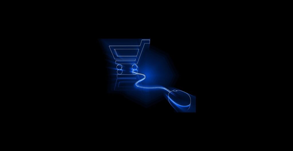Leuchtendes blaues Warenkorb-Symbol verbunden mit einer Computermaus - Erfolgs-Projekt in der Industrie bei mpcg